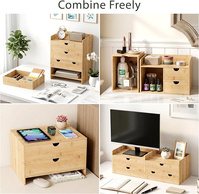 Bamboo Desk Organizer with Drawers, Desktop Storage for Office Supplies | 2 Drawers Desktop organizer, No Assembly Required, Natural Wood Wooden Desktop Drawers Box for Bills, Cosmetics, Seals, Paper