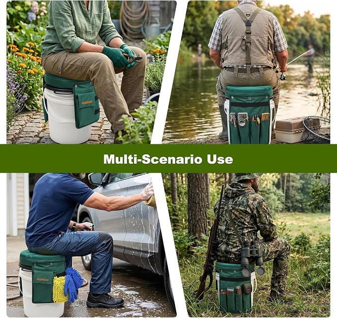 5 Gallon Swivel Bucket Seat Lid with Tool Organizer Bag, 360° Silent Rotating Padded Cushion (3" Thick), Waterproof Bucket Cover Stool for Gardening, Fishing, Hunting, Car Wash