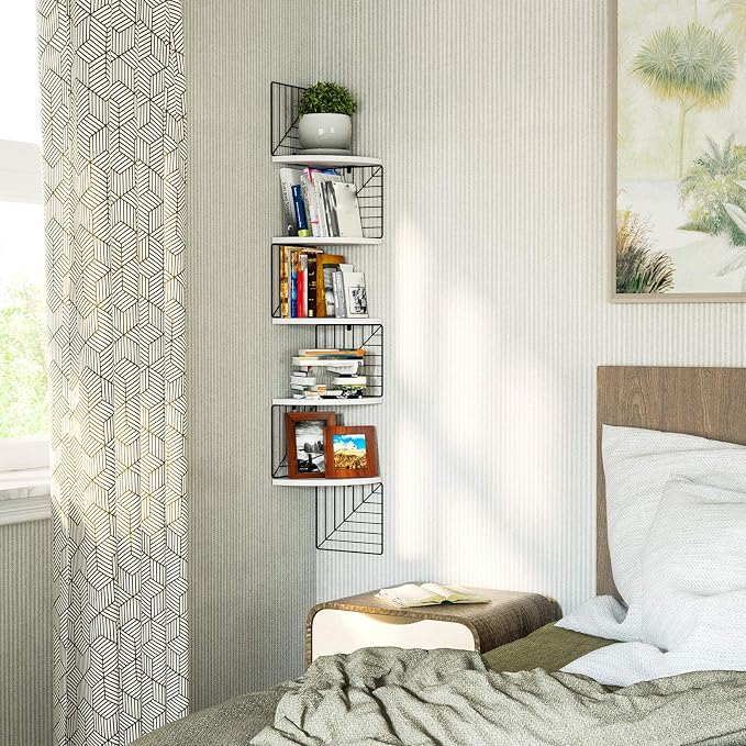 Love-KANKEI Corner Wall Shelf 5 Tier,Solid Wood/Metal Bracket,51"Tall,White | Easy to Install,Leaf-Shaped Floating Wall Shelves,Capacity 44 Lbs,For Bedroom Living Room Bathroom Kitchen Office,Display