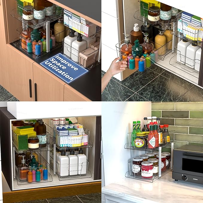 SuoXing 2 Pack 2 Tier Under Cabinet Bathroom Storage,Large 12.4″ Deep Under Sink Organization With Dividers,Clear Pull Out Organizers for Kitchen,Undersink Storage for Hair Products,Towel and Makeup