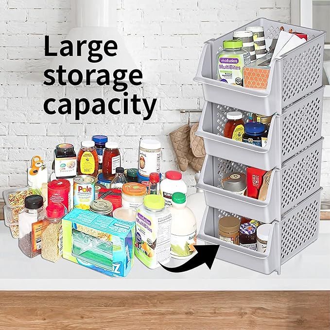 TidyFriend Stackable Storage Bins for Pantry - 8 Pack Stackable Bins for Organizing Food, Kitchen, and Bathroom Essentials (Light Grey)