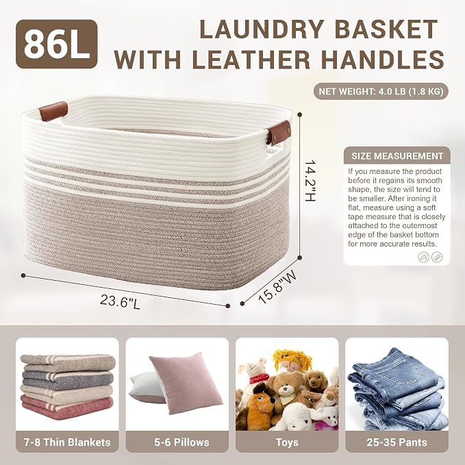 86L Large Woven Laundry Basket Hamper with Leather Handles,Brown | 24"x16"x14", collapsible wicker hamper, storage for dirty clothes, toys, blankets, gifts, living room, bedroom, bathroom