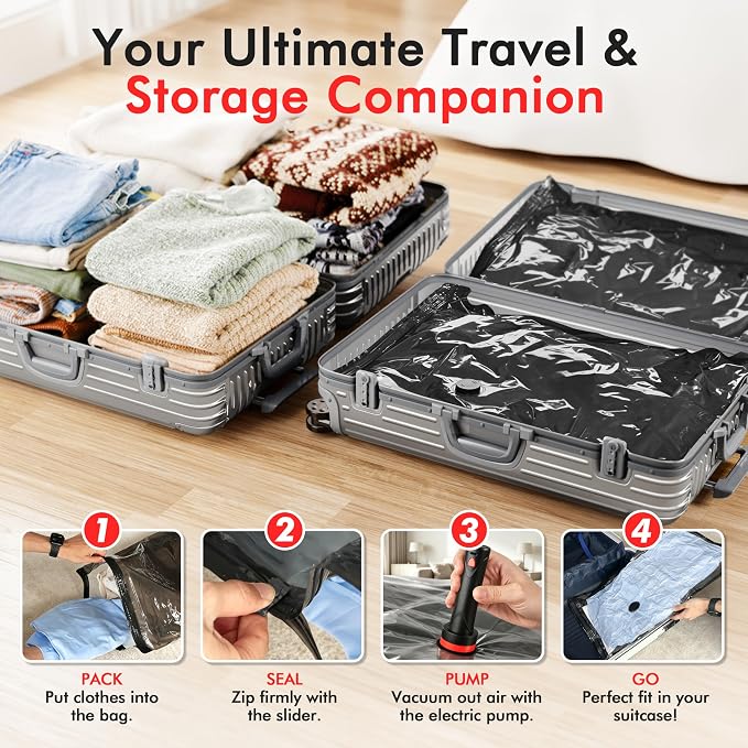 MEIQIHOME 28 Pack PackEase Travel Vacuum Bags 1500mAh Wireless Pump, 80% Compression Space Saver for Luggage, Clear PA+PE Reusable Seal Bags for Clothes, Portable Electric Air Pump for Travel & Home