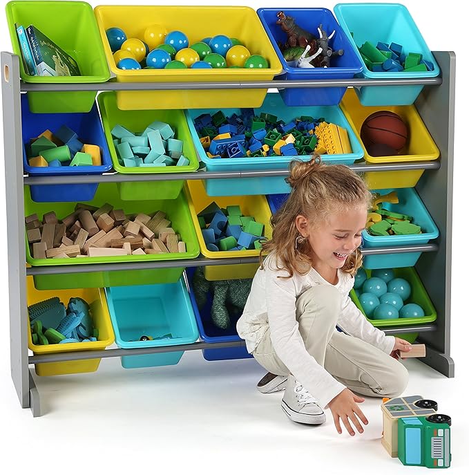 Humble Crew Toy Storage Organizer with 16 Removable Storage Bins for Kids Playroom, 4-Tier Toddler Toy Organization and Storage, Grey/Blue/Green/Yellow
