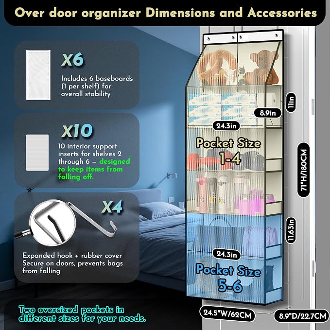 PAULONE 6-Tier Over The Door Shoe Organizer, 71" Hanging Shoe Rack with 2-Size Deep Pockets, 98 lbs Sag-Proof Capacity for Closet Entryway RV