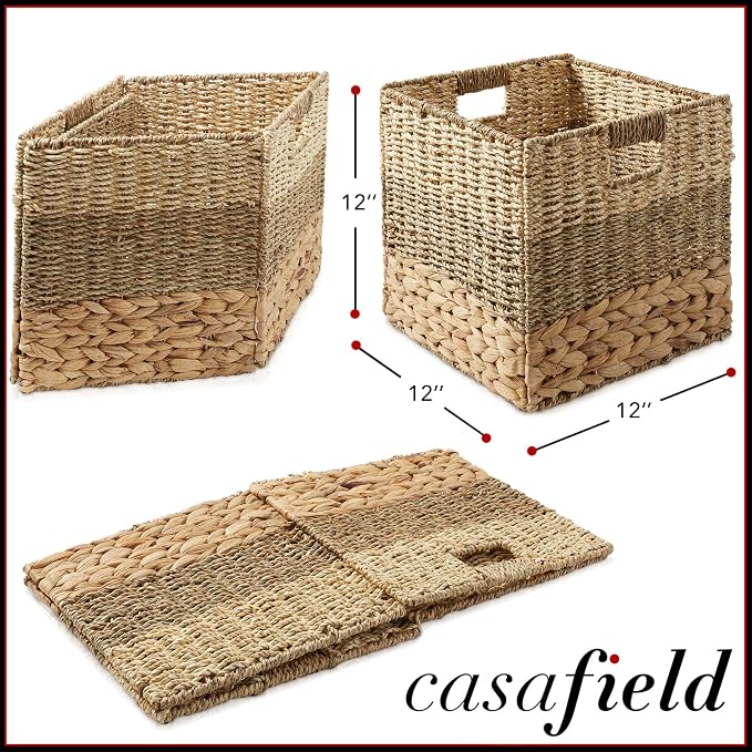 Casafield 12" x 12" Mixed Weave Storage Baskets, Natural - Set of 4 Woven Hyacinth Seagrass Wicker Storage Cube Bins for Bathroom, Bedroom, Laundry, Pantry, Shelves