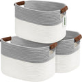 ECDYQXVU 15x10x9 Woven Cotton Rope Storage Basket, Leather Handles 3 Pack | Foldable Design, Sturdy PU Handles, Easy to Clean Organizer for Living Room, Closet, Shelves, Bedroom, Laundry, Clothes
