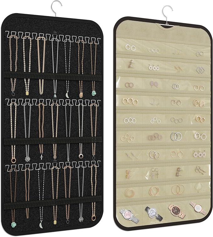 Hanging Jewelry Organizer for Necklaces Earrings, 1-Pack, Black and Beige | Foldable Double-Sided 36 hooks & 40 clear pockets; swivel hook fits walls, doors & rods for earrings, bracelets, rings