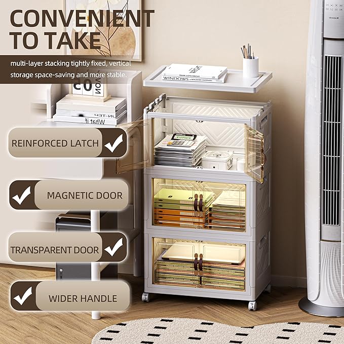 148 QT / 37 Gal Stackable Collapsible Storage Bins (1 Lid) with Magnetic Doors & Wheels - Plastic Cabinet Organizer for Home Office Closet, White Space-Saving Containers