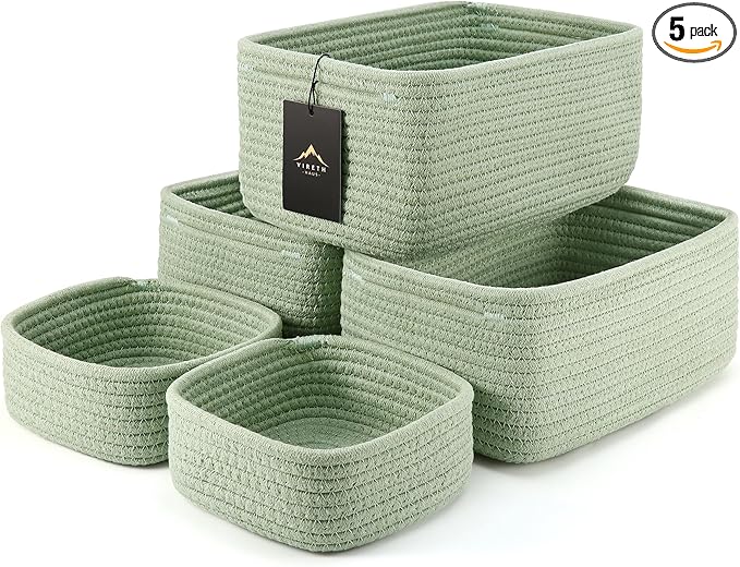 5-Pack Small Woven Rope Storage Baskets, 2 Sizes Organizer Bins | Fabric Cube Boxes and Rectangular Shallow Bins for Closet, Shelf, Bookshelf, Nursery, Changing Table, Bathroom, Toys & Home