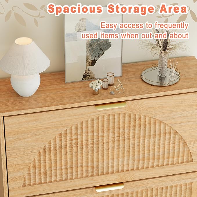 Shoe Storage Cabinet with 4 Flip Drawers, Narrow Wood Shoe Organizer Cabinet with Fluted Panel, Slim Shoe Rack for Entryway, Freestanding Shoe Cabinet for Living Room, Hallway, Wood Color