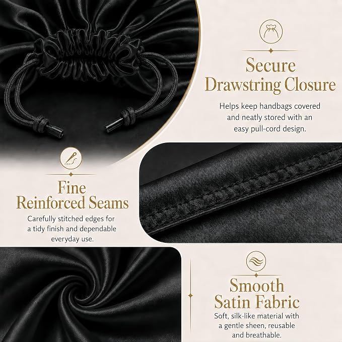 3 Pack Satin Purse Dust Bags for Handbags, Drawstring Handbag Dust Cover Bags for Purses, Shoes and Boots, Closet and Travel Storage Bags