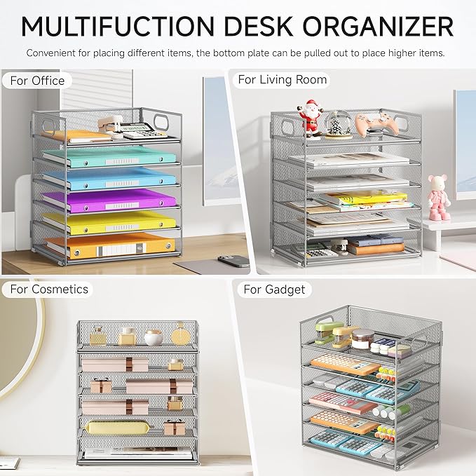 6 Tray Paper Organizer Letter Tray with Handle - Mesh Desk File Folder Holder, Paper Sorter for Office, Home or School - Silver