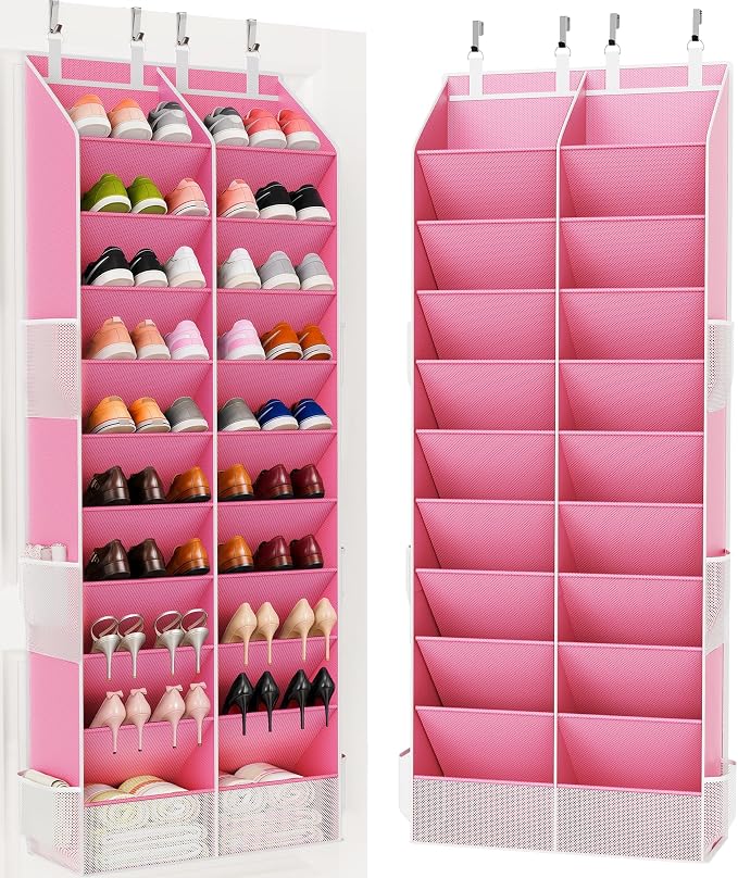 Criusia Over the Door Shoe Organizer, 20-30 Pairs Heavy-Duty Hanging Shoe Storage with Large Pockets, 10-Tier Door Shoe Rack with 4 Hooks for Sneakers Sandals Heels Boots (Pink)