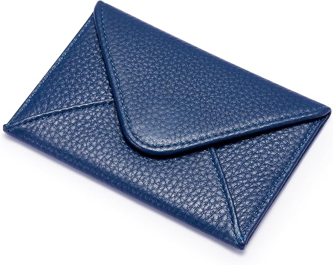 HISCOW Italian Pebbled Leather Business Card Holder, Minimalist Full Grain Envelope Card Case with Hidden Magnetic Closure, 0.19 Inch Slim Front Pocket Wallet for Men and Women, Blu Navy