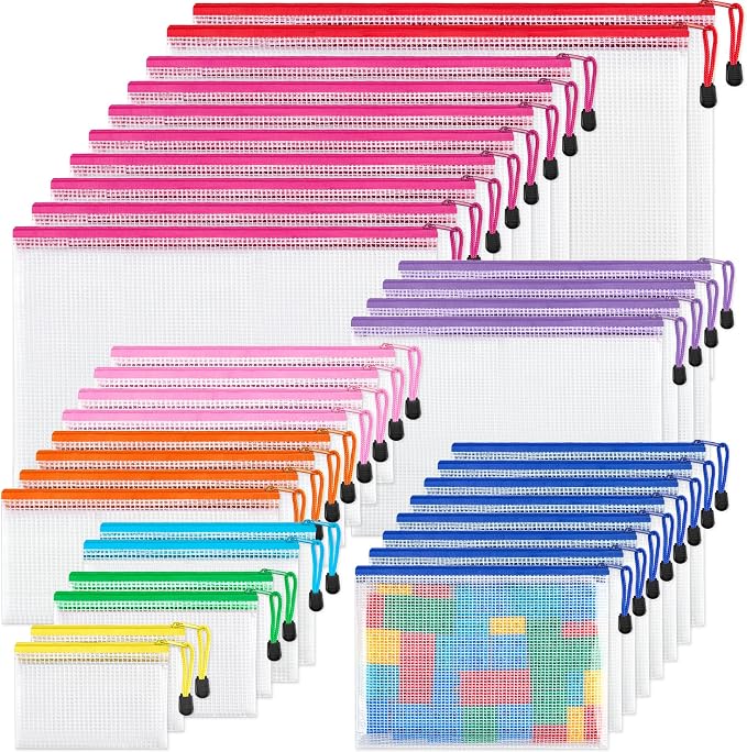 JARLINK 36 Pcs Mesh Zipper Pouch Bags, 8 Sizes Waterproof Zipper Bags | Multi-use Travel Bags for Office, School, Board Game, Puzzles, Cosmetics, Travel Accessories, and Home Organization, 9 colors