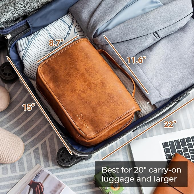 Elviros Hanging Toiletry Bag for Men PU Leather Shaving Dopp Kit (Brown) | 3-in-1 Waterproof Travel Organizer with Separate Compartments for Grooming Items, Toiletries, and Daily Essentials