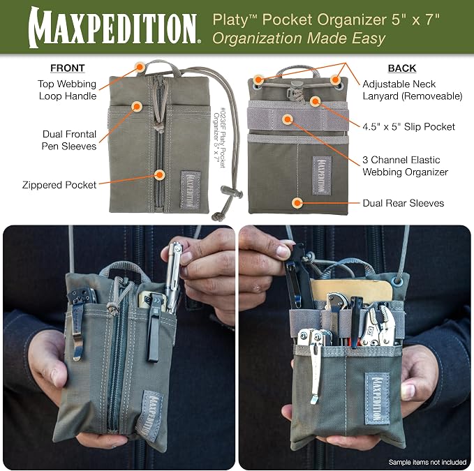 MAXPEDITION Platy Pocket Organizer, Durable EDC Tool Pouch for Men, Neck Wallet with Paracord Lanyard, Holds Flashlight, Multitool, Pen, Notebook