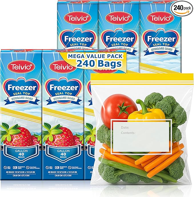 Teivio Gallon Freezer Bags 240 Count (6 Pack of 40), Double Zipper Seal, BPA-Free Plastic Food Storage Bags, Write-On Space, for Home, Kitchen, Travel, Camping, Snacks, Sandwich bags