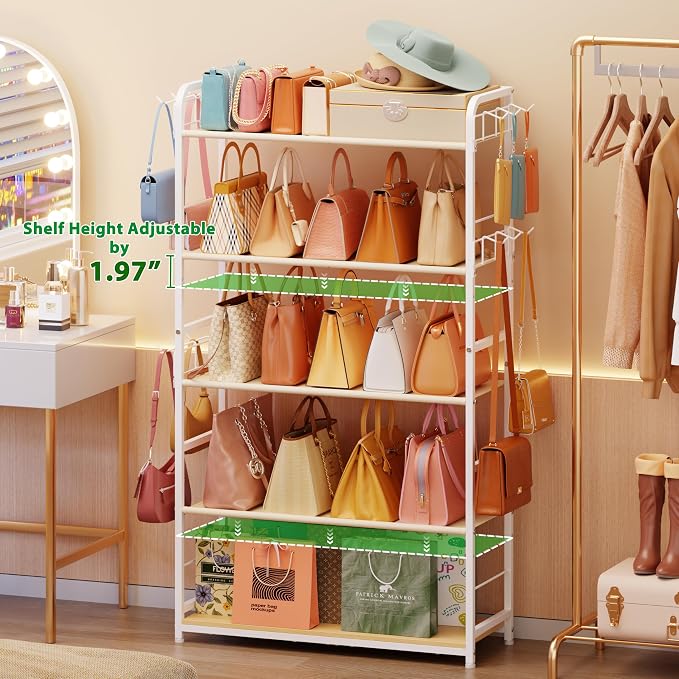 Purse Organizer for Closet, Extra Long 5-Tier Tall Purse Rack Stand with Adjustable Shelves & 12 Hooks, Large Capacity Purse Storage Display Shelf for Tote Bags, Crossbody Bags, Handbag, Dressing Room