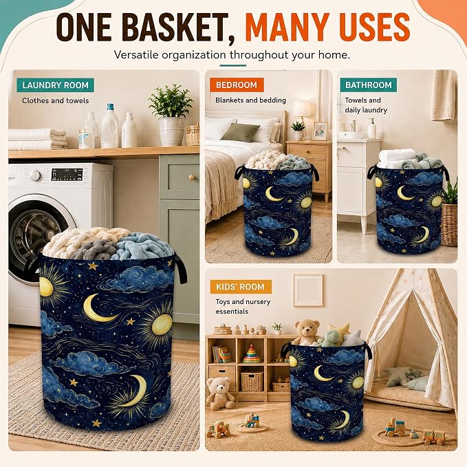 Sun Moon Laundry Basket,Stars Clouds Foldable Oxford Laundry Hamper with Handles,Collapsible Clothes Storage Bucket Tote Bag for Laundry Room,Bathroom,Bedroom,Dorm