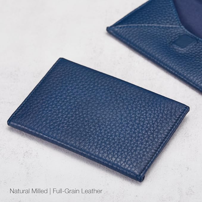 HISCOW Italian Pebbled Leather Business Card Holder, Minimalist Full Grain Envelope Card Case with Hidden Magnetic Closure, 0.19 Inch Slim Front Pocket Wallet for Men and Women, Blu Navy