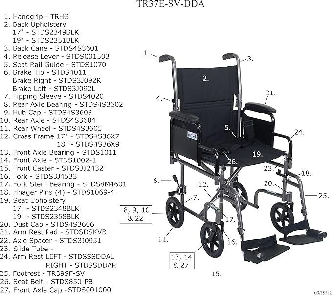 Drive Medical TR39E-SV Lightweight Folding Transport Wheelchair with Swing-Away Footrest, Silver