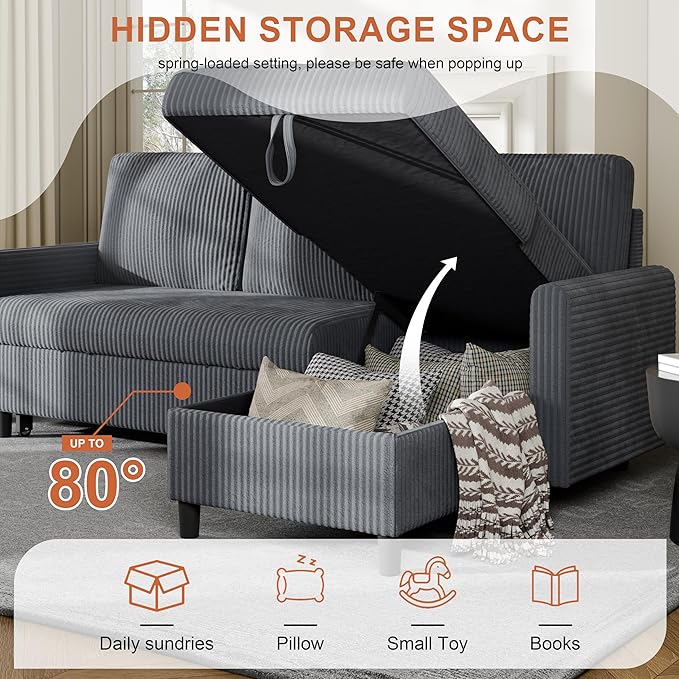 Vongrasig Pull Out Couch, Small Sleeper Sofa with Storage, 77" L Shaped Convertible Sofa Bed with Corduroy Fabric for Small Living Room, Apartment, Dark Grey