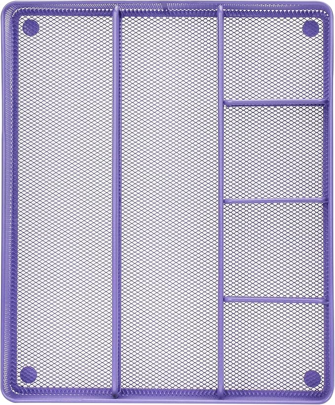 Annova Desk Top Organizer Tray for Office Organization - Metal Mesh - Storage Tray with Dividers for Pens, Desktop Accessories, Bathroom, Kitchen, Makeup and Office Supplies (Large, Purple)