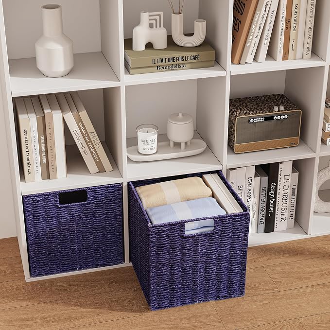 Vagusicc Wicker Storage Basket, Set of 2 Hand-Woven Paper Rope Wicker Basket, Foldable Cube Storage Bins, Square Large Storage Baskets for Organizing Shelves, Decor, Orange (13″×13″×13″)