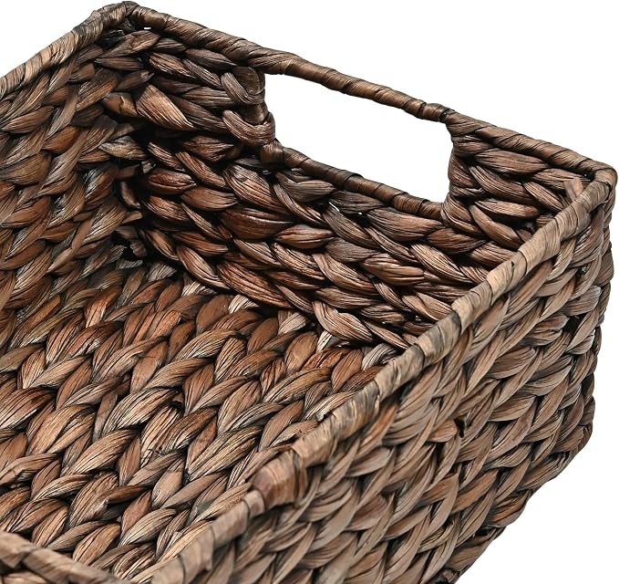 happimess Lane Hyacinth Wicker Pantry Baskets 9"x12"x5", Brown, Set of 4 | Handwoven Decorative Seagrass Containers, Chalkboard Labels, Built-In Handles, Classic Farmhouse Style, Iron Metal Frame