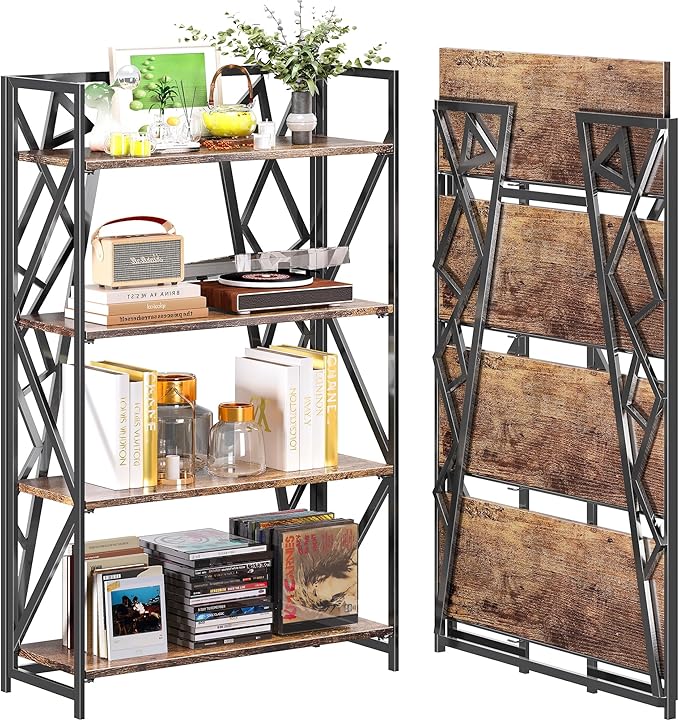UDD No Assembly Wide Folding Bookshelf, 50.8" H x 30.9" W, 4 Tier Foldable Book Shelf Industrial Bookcase, Vintage Collapsible Storage Shelves for Home Office Living Room Bedroom, Rustic Brown Black