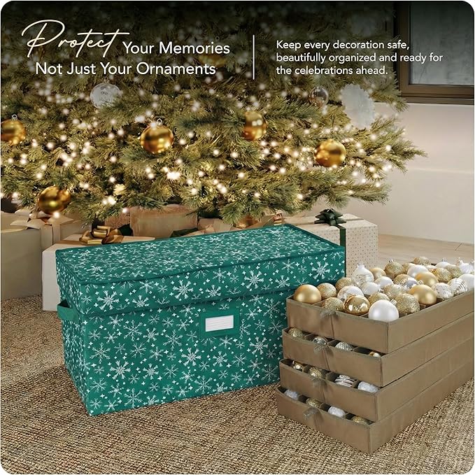 Covermates Keepsakes Adjustable Ornament Storage Box – Heavy-Duty Polyester, Padded Dividers & FlexGrid Trays – Protective Holiday Organizer with Stackable Walls & Label Window, Green Snowflake