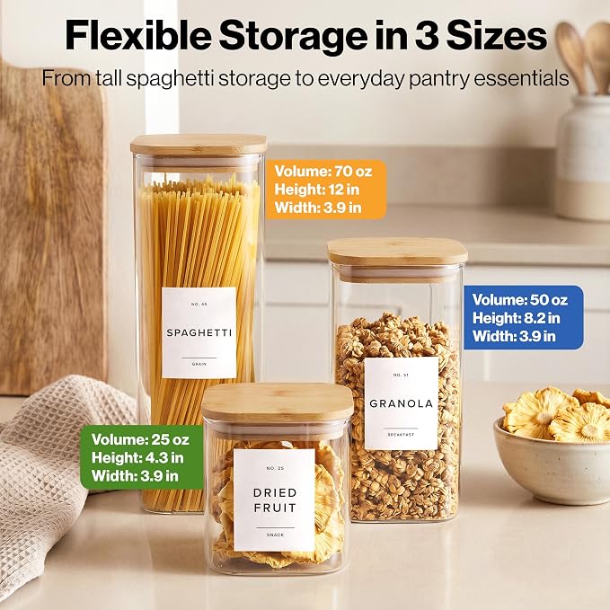 Glass Pantry Storage Jars Containers with Bamboo Lids and Labels - Set of 5 | Extra Thick Square Glass Canisters with Bamboo Wood Lids and 54 Pre-printed Pantry Labels keeps dry Goods Fresh and Organized