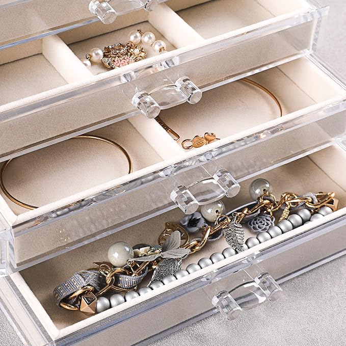 Frebeauty Extra Large Acrylic Jewelry Box for Women Girls 5 Layers Clear Velvet Earring Organizer with 5 Drawers Rings Display Case Necklaces Holder Tray (Beige) | Jewelry Storage for Rings Earrings Bracelets,Dustproof,Velvet Lining,Transparent Appeara...