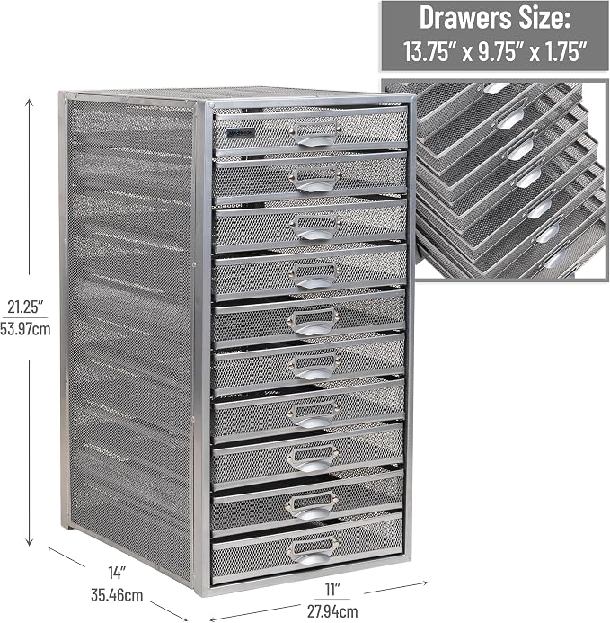 Mind Reader 10-Drawer Desk Organizer for Office Supplies, Crafts, Mail Sorting & More, Metal Mesh, Silver
