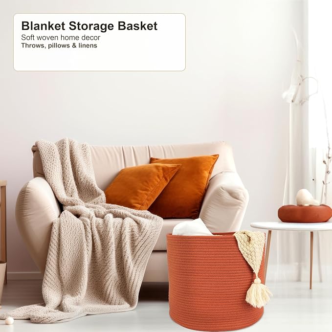 XUANGUO Cotton Rope Woven Basket, 16x14 in Kids Laundry Basket, rustic | Round blanket basket and small laundry basket; baby hamper or nursery storage bin for girls, boys, toys, clothes and shoes