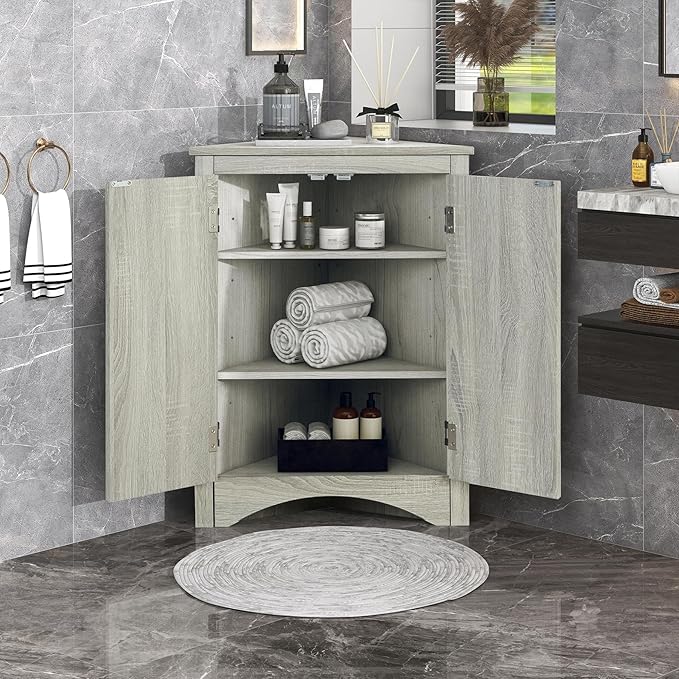Corner Storage Cabinet with Adjustable Shelves, Triangle Bathroom & Kitchen Organizer, Freestanding Floor Cabinet for Toilet Kitchen Bathroom Cleaning Supplies (Oak)