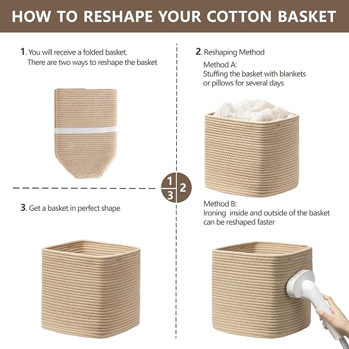 joybest 13inch Cube Storage Bins, Cotton Rope Woven Organizer Basket | Set of 4 Cube Bin Square Shelves Organizer Closet Storage, Nursery, Toy Organization, Brown