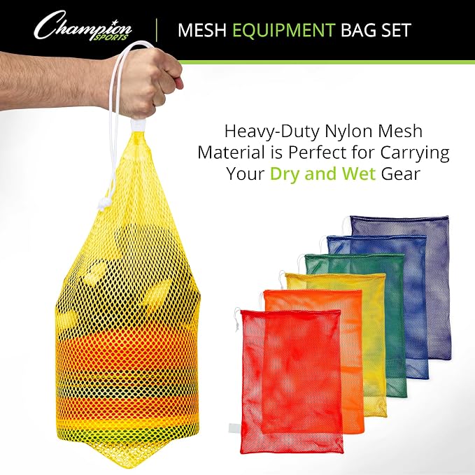 Champion Sports Mesh Equipment Bag – Heavy-Duty Nylon Drawstring Bag with Lock & ID Tag, Breathable Storage Sack for Balls, Swim Gear, Laundry & Toys, Multiple Sizes & Colors