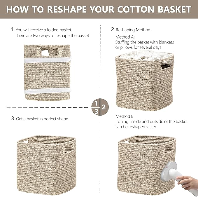 UBBCARE Storage Cubes 11 Inch, Cotton Rope Woven Baskets for Organizing, Cube Storage Bin for Baby Nursery, 4-Pack Square Storage Baskets for Shleves Organizer, Closet, Kidsroom, All Browm