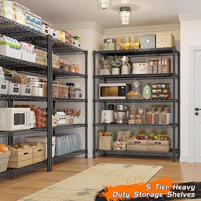REIBII 1500LBS Adjustable Wire Shelving Unit, 5-Tier Metal Shelf with V-Shape Support,Tool-Free Assembly for Kitchen, Laundry, Industrial Use，17.7" D x 35.6" W x 71" H
