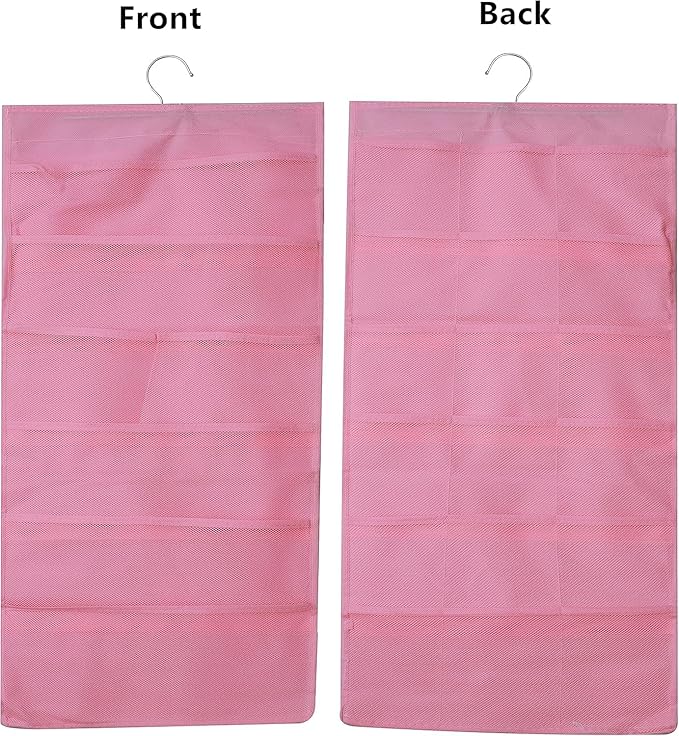 Hanging Mesh Pockets Dual-Sided Closet Organizer for Underwear,Bra,Socks,Accessories with Hanger,Total 24 Pockets Pink
