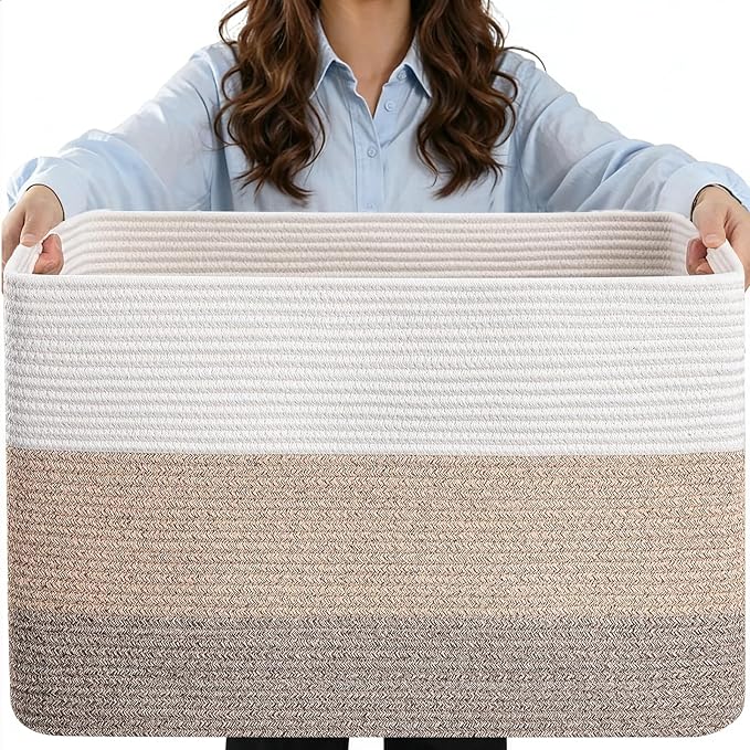 Large Laundry Basket/Hamper, 25"x16"x16" Rectangle Woven Basket | Toy Storage Basket, Baby Blanket Basket, With Handle, Shelf Basket, Living Room Organizing