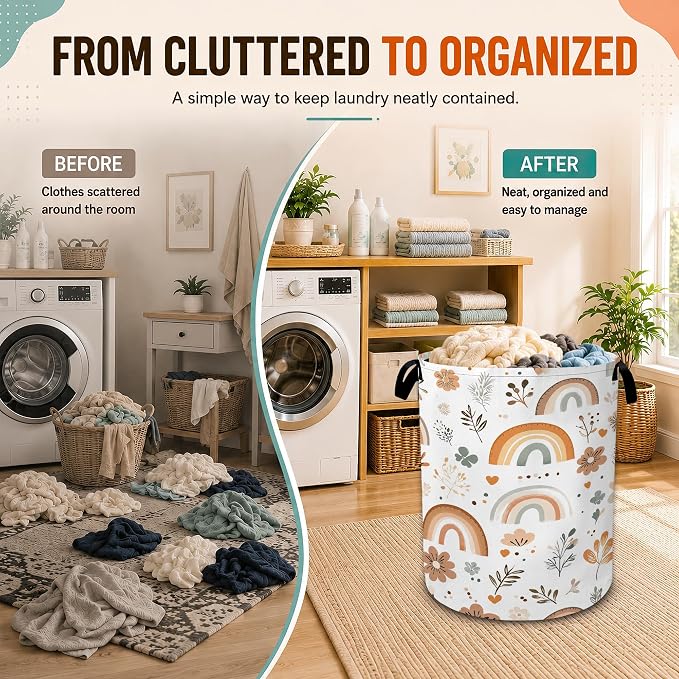 Rainbow Flowers Laundry Basket,Boho Large Collapsible Portable Round Laundry Hamper with Handles,Oxford Storage Bin for Clothes,Blankets,Bedroom,Bathroom
