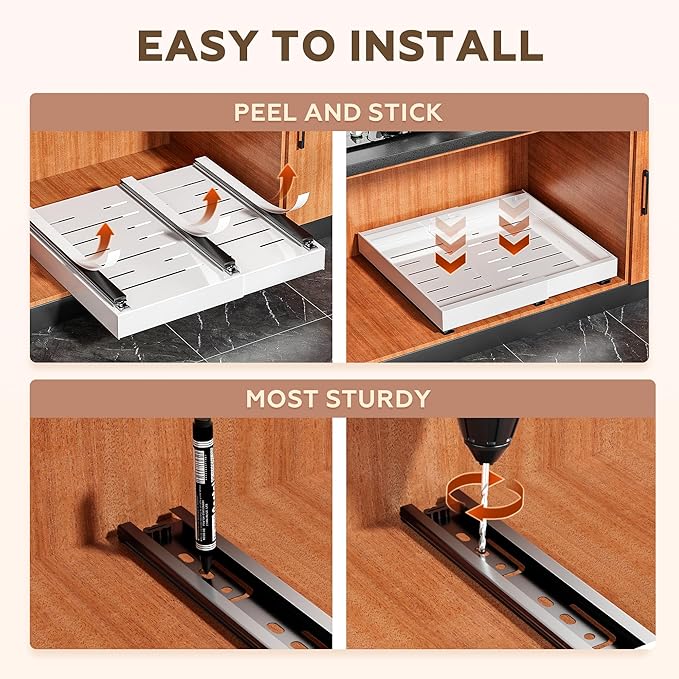 2Pack Expandable Pull Out Cabinet Organizer 21" Deep - Sliding Drawer Organizer Roll Out Shelves Adhesive - Adjustable Width 15.2"-26.2" W (White)