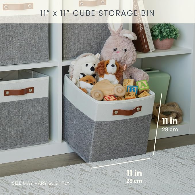 OrganiHaus 11x11 Cube Storage Bins, Set of 4 - Fabric Storage Cubes | Sturdy, holds its shape; odor-free; fits ClosetMaid 11-inch shelves; vegan leather handles