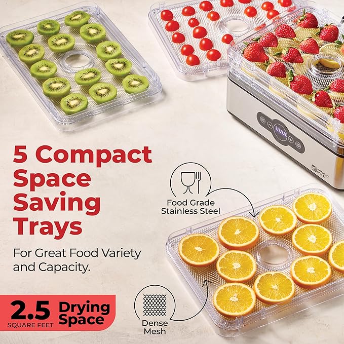 Magic Mill Food Dehydrator Machine | 5 Stackable Stainless Steel Trays, 48H Digital Adjustable Timer & Temperature Control Upto 167° Electric Dryer & Preserver for Jerky, Fruit, Dog Treats & Much More