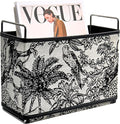 Leather Magazine Holder Rack Floor Basket for Bathroom & Living Room | No-assembly sturdy organizer in textured tapestry jacquard & leather. Randomly cut jungle pattern (no two are alike).