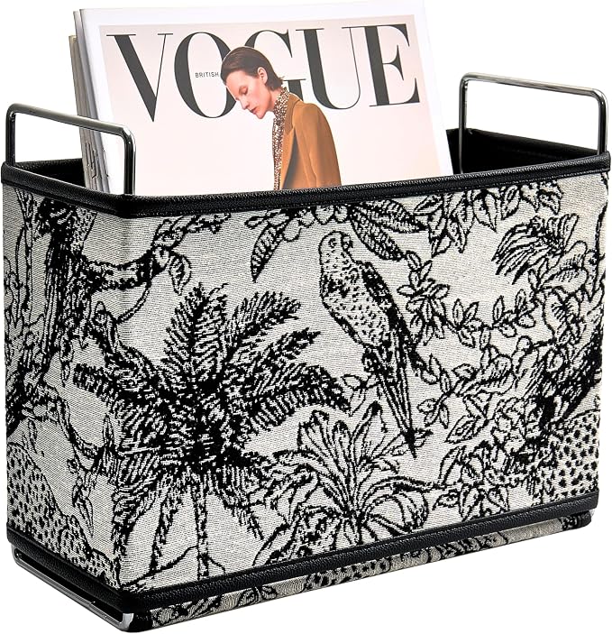 Leather Magazine Holder Rack Floor Basket for Bathroom & Living Room | No-assembly sturdy organizer in textured tapestry jacquard & leather. Randomly cut jungle pattern (no two are alike).